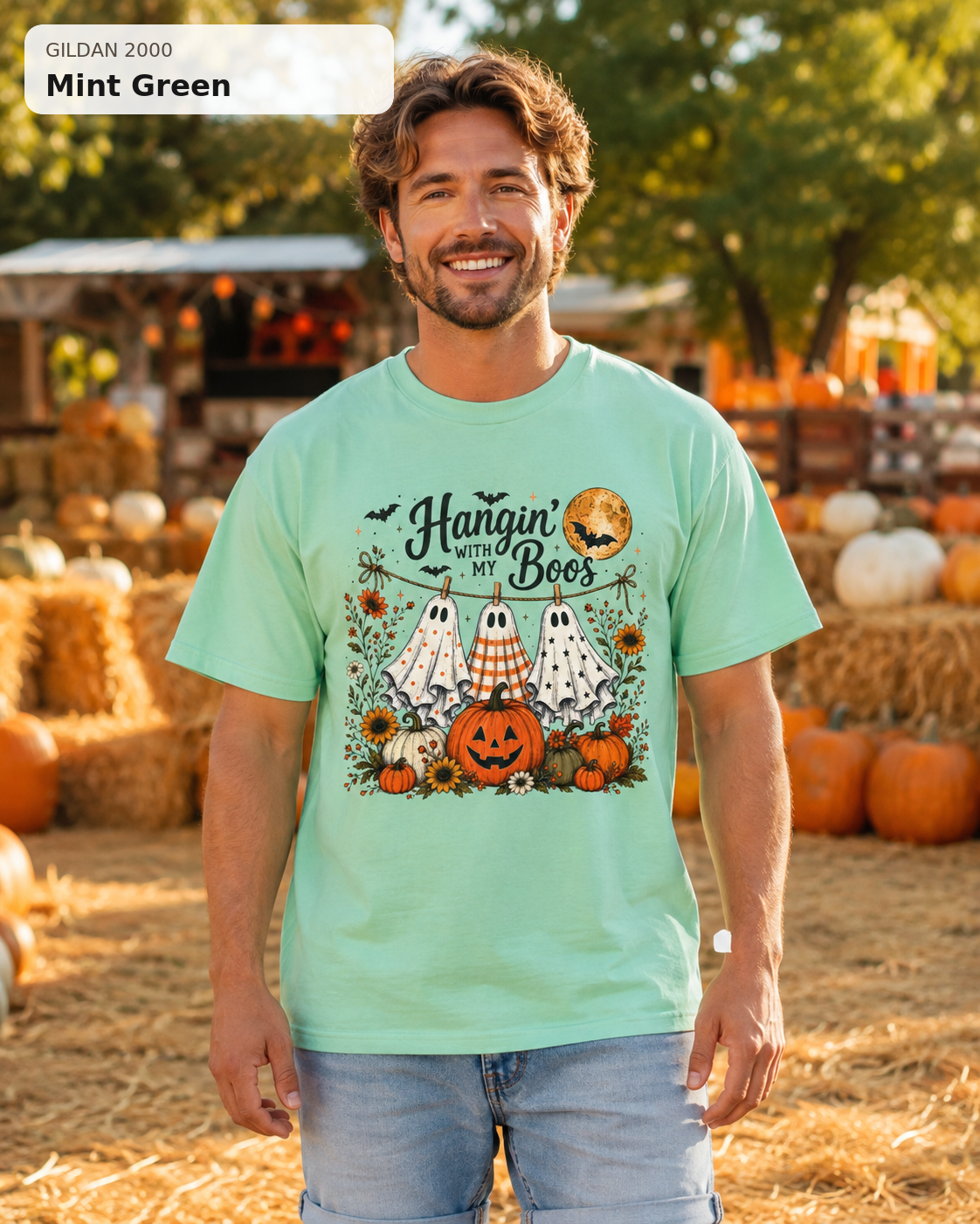 Hangin' with My Boos Halloween T-shirt – Gildan 2000 Mint Green – male model