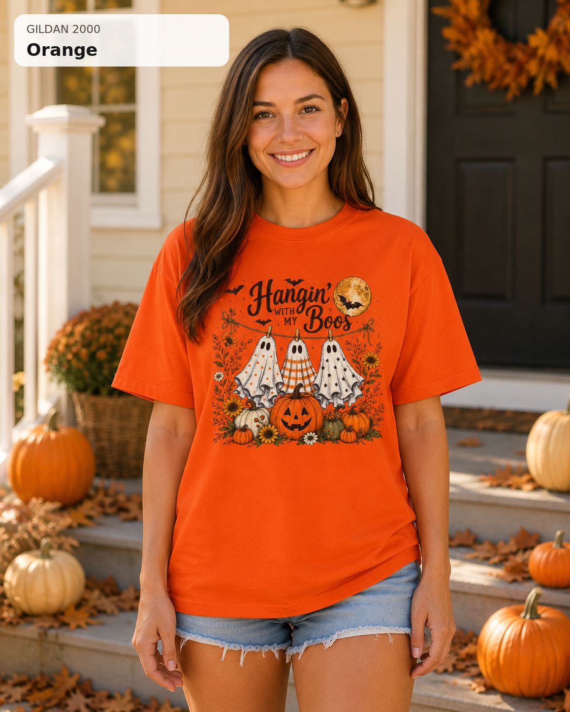 Hangin' with My Boos Halloween T-shirt – Gildan 2000 Orange – female model