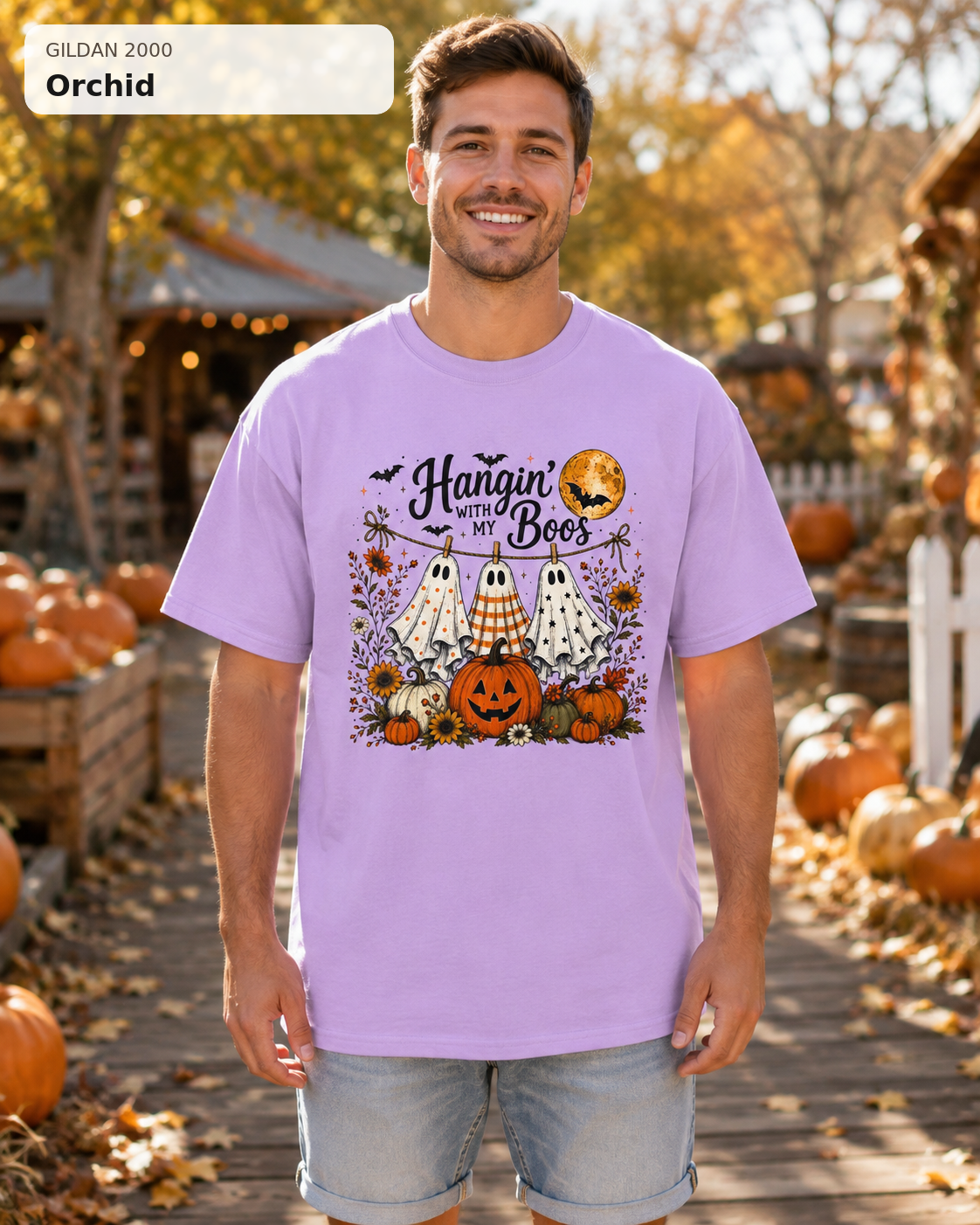 Hangin' with My Boos Halloween T-shirt – Gildan 2000 Orchid – male model