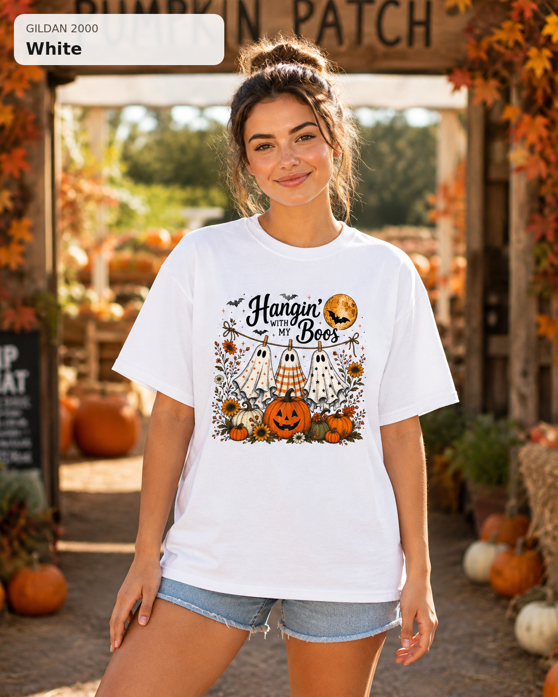 Hangin' with My Boos Halloween T-shirt – Gildan 2000 White – female model