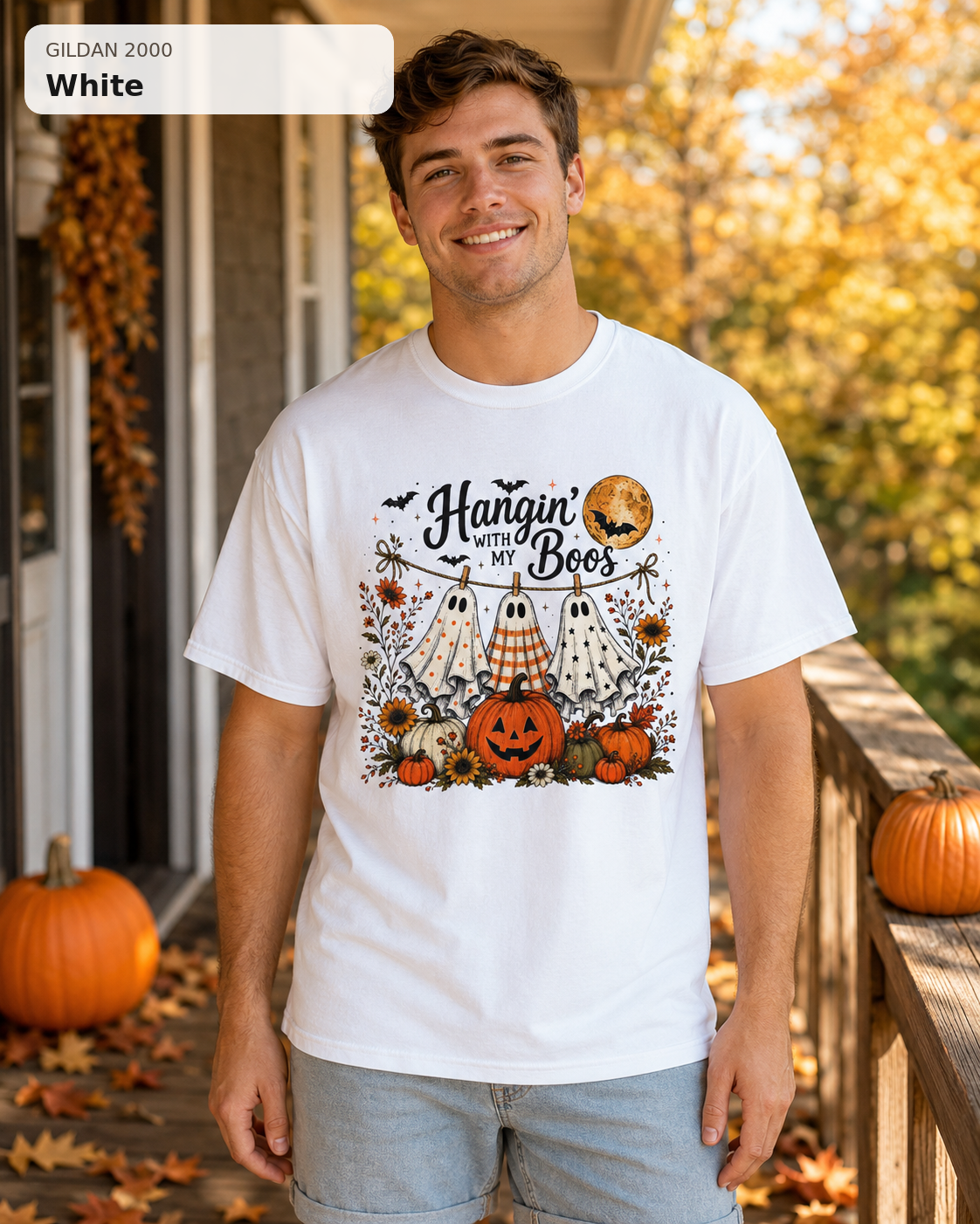 Hangin' with My Boos Halloween T-shirt – Gildan 2000 White – male model