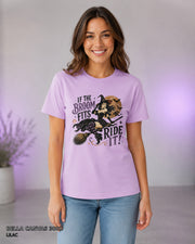 Female model wearing Bella Canvas 3001 Lilac If the Broom Fits Ride It witch T-shirt with corrected Printify-matched print scale
