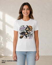 Female model wearing Bella Canvas 3001 White If the Broom Fits Ride It witch T-shirt with corrected Printify-matched print scale