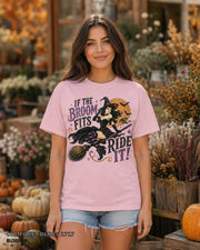 Female model wearing Comfort Colors 1717 Blossom If the Broom Fits Ride It witch T-shirt