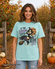 Female model wearing Comfort Colors 1717 Chalky Mint If the Broom Fits Ride It witch T-shirt