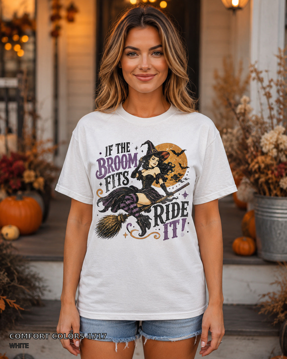 Female model wearing Comfort Colors 1717 White If the Broom Fits Ride It witch T-shirt