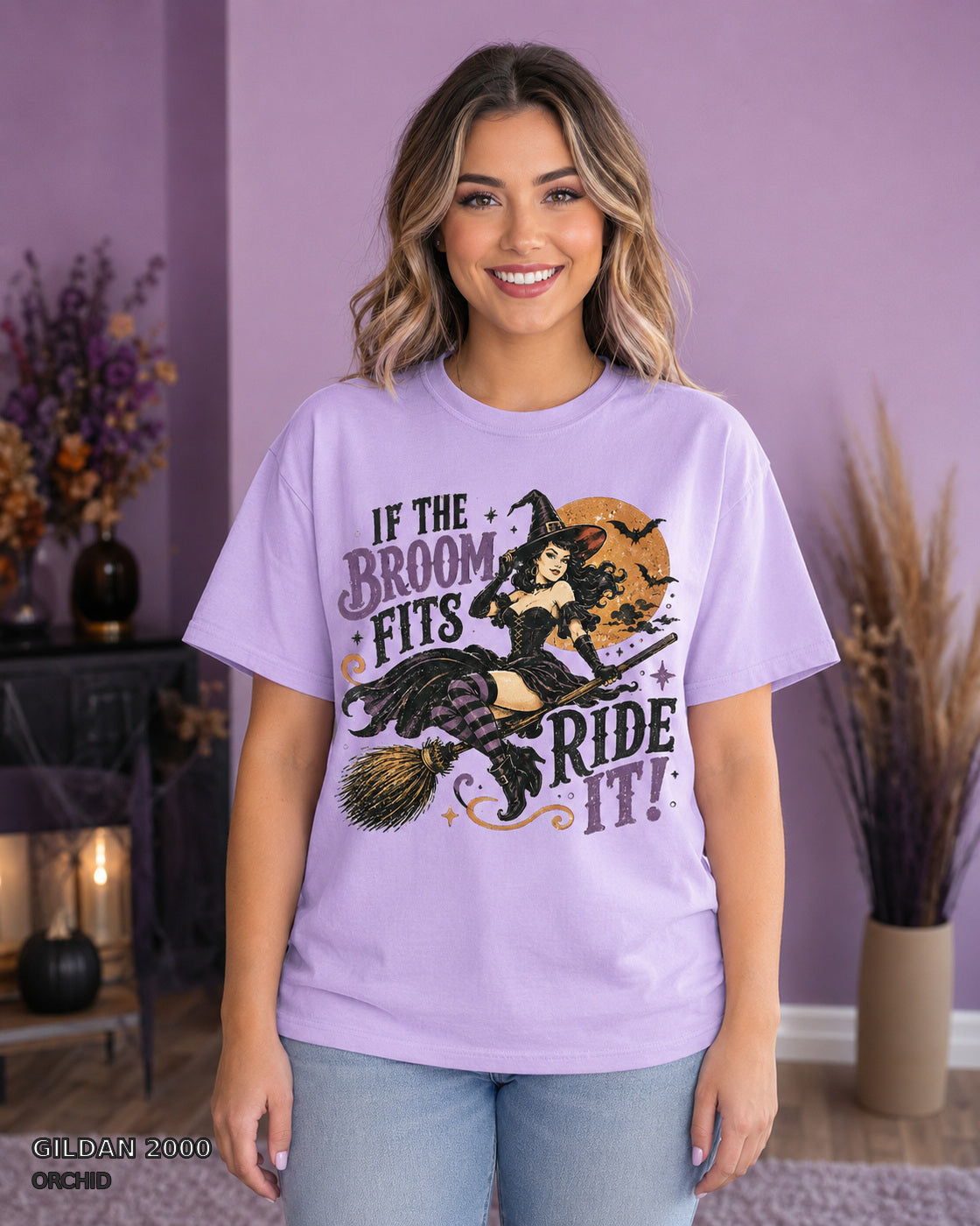 Female model wearing Gildan 2000 Orchid If the Broom Fits Ride It witch T-shirt