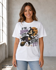 Female model wearing Gildan 2000 White If the Broom Fits Ride It witch T-shirt