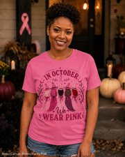 In October We Wear Pink Breast Cancer Awareness Halloween T-Shirt — Bella+Canvas 3001 Charity Pink — female model