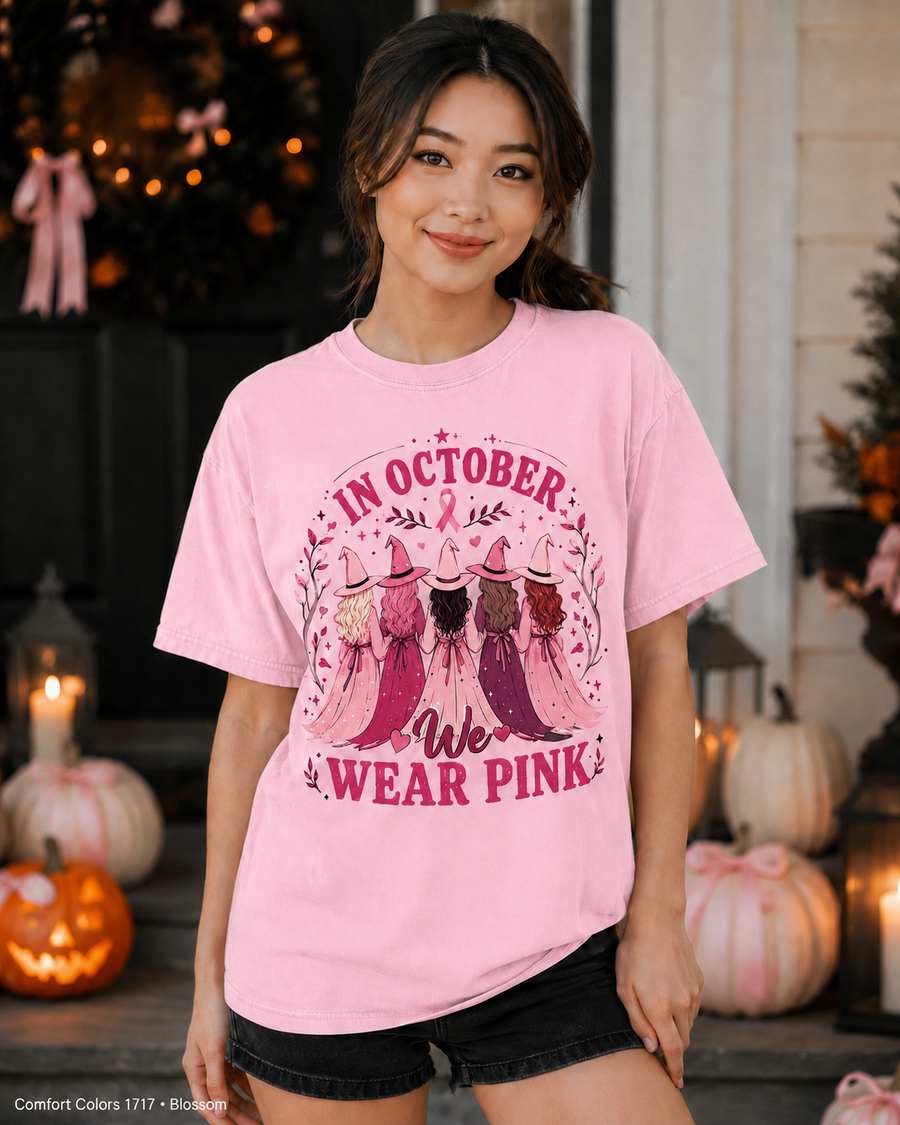 In October We Wear Pink Breast Cancer Awareness Halloween T-Shirt — Comfort Colors 1717 Blossom — female model