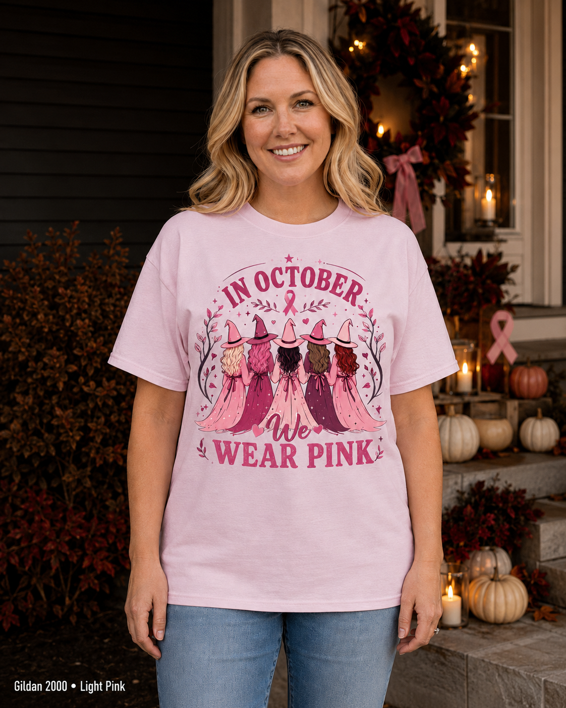 In October We Wear Pink Breast Cancer Awareness Halloween T-Shirt — Gildan 2000 Light Pink — female model