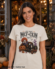Female model wearing the Bella Canvas 3001 Heather Dust Just About McF*ckin Had It Halloween clown T-shirt