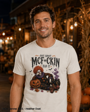 Male model wearing the Bella Canvas 3001 Heather Dust Just About McF*ckin Had It Halloween clown T-shirt