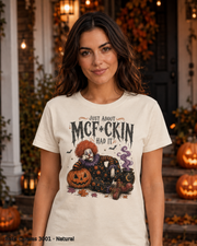 Female model wearing the Bella Canvas 3001 Natural Just About McF*ckin Had It Halloween clown T-shirt