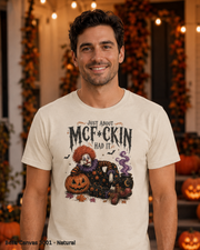 Male model wearing the Bella Canvas 3001 Natural Just About McF*ckin Had It Halloween clown T-shirt