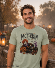 Male model wearing the Bella Canvas 3001 Sage Just About McF*ckin Had It Halloween clown T-shirt