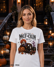 Female model wearing the Bella Canvas 3001 White Just About McF*ckin Had It Halloween clown T-shirt
