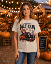 Female model wearing the Gildan 2000 Natural Just About McF*ckin Had It Halloween clown T-shirt
