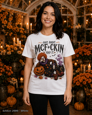 Female model wearing the Gildan 2000 White Just About McF*ckin Had It Halloween clown T-shirt