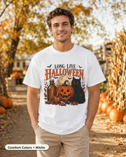 Male model wearing Long Live Halloween black cat and pumpkin T-shirt in Comfort Colors White