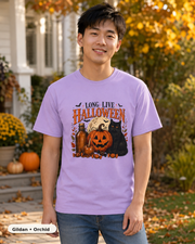 Male model wearing Long Live Halloween black cat and pumpkin T-shirt in Gildan Orchid