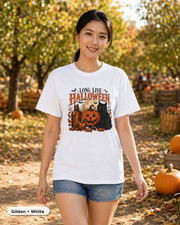 Female model wearing Long Live Halloween black cat and pumpkin T-shirt in Gildan White