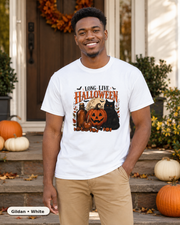Male model wearing Long Live Halloween black cat and pumpkin T-shirt in Gildan White