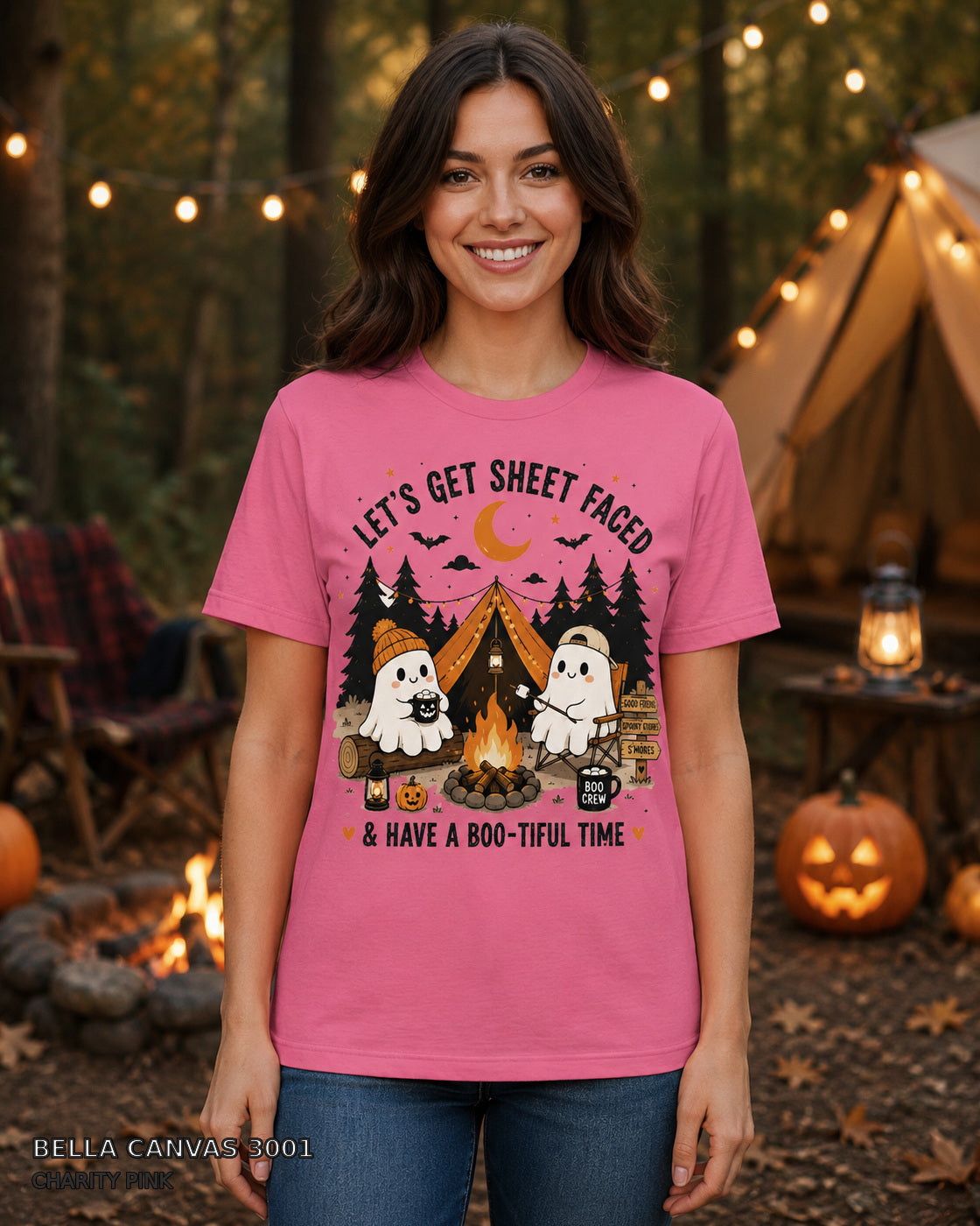 Let's Get Sheet Faced ghost camping T-shirt on centered female model — Bella Canvas 3001 Charity Pink