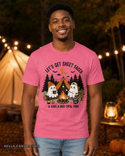 Let's Get Sheet Faced ghost camping T-shirt on centered male model — Bella Canvas 3001 Charity Pink