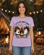 Let's Get Sheet Faced ghost camping T-shirt on centered female model — Bella Canvas 3001 Lilac