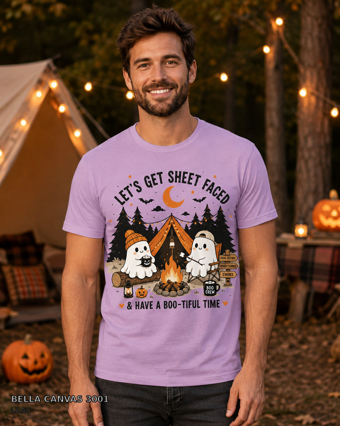 Let's Get Sheet Faced ghost camping T-shirt on centered male model — Bella Canvas 3001 Lilac