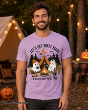 Let's Get Sheet Faced ghost camping T-shirt on centered male model — Bella Canvas 3001 Lilac
