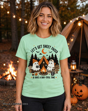 Let's Get Sheet Faced ghost camping T-shirt on centered female model — Bella Canvas 3001 Mint
