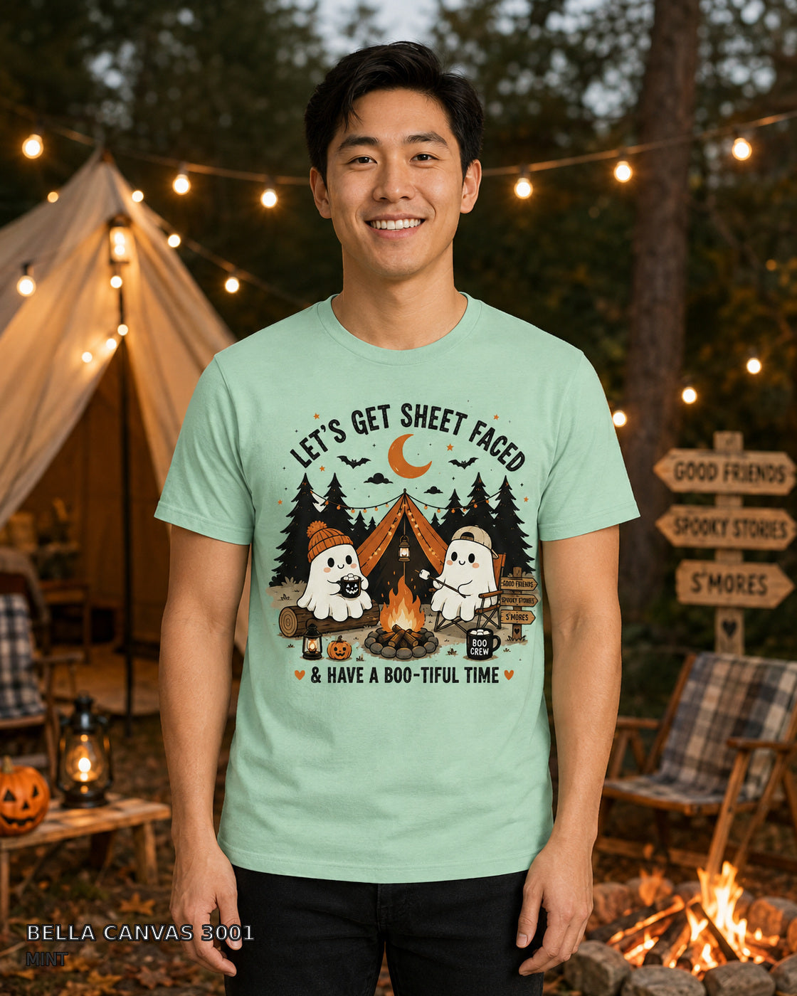 Let's Get Sheet Faced ghost camping T-shirt on centered male model — Bella Canvas 3001 Mint