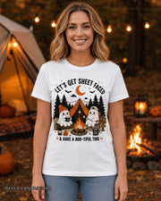 Let's Get Sheet Faced ghost camping T-shirt on centered female model — Bella Canvas 3001 White