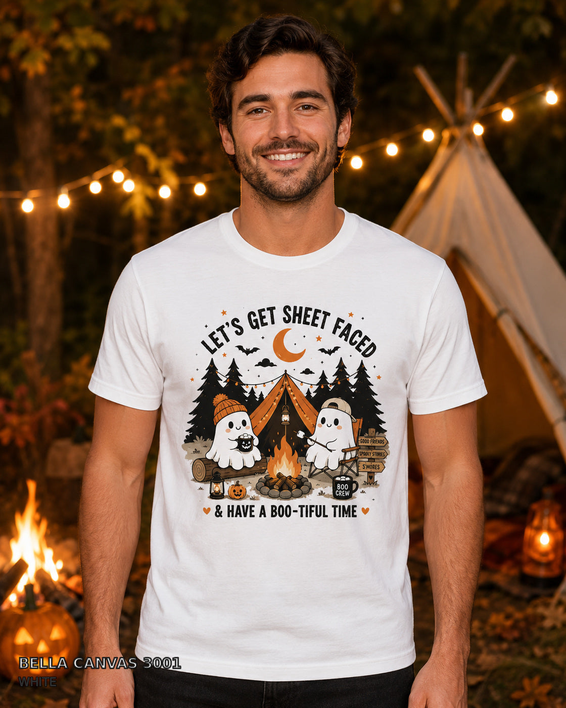 Let's Get Sheet Faced ghost camping T-shirt on centered male model — Bella Canvas 3001 White