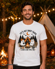 Let's Get Sheet Faced ghost camping T-shirt on centered male model — Bella Canvas 3001 White