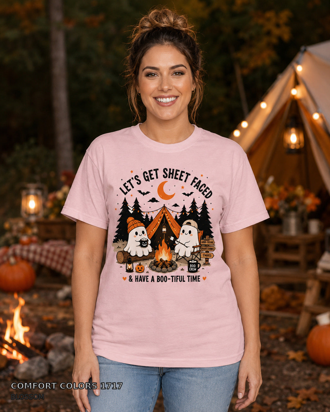 Let's Get Sheet Faced ghost camping T-shirt on centered female model — Comfort Colors 1717 Blossom