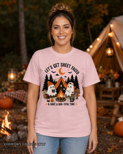 Let's Get Sheet Faced ghost camping T-shirt on centered female model — Comfort Colors 1717 Blossom