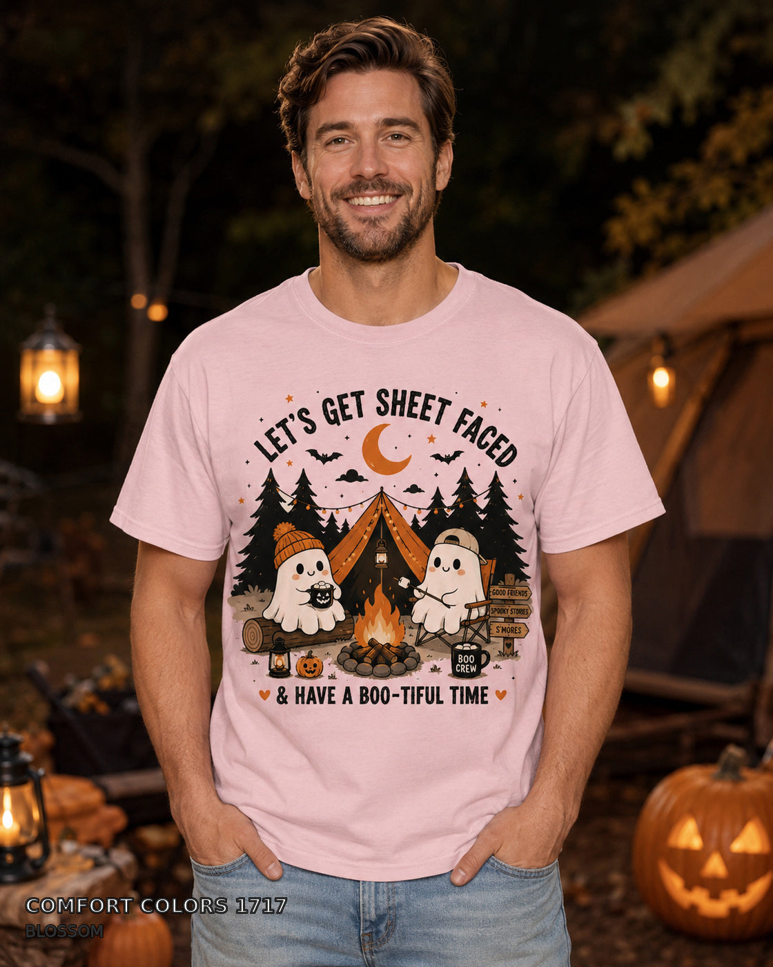 Let's Get Sheet Faced ghost camping T-shirt on centered male model — Comfort Colors 1717 Blossom