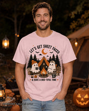 Let's Get Sheet Faced ghost camping T-shirt on centered male model — Comfort Colors 1717 Blossom