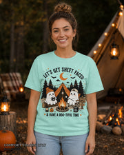 Let's Get Sheet Faced ghost camping T-shirt on centered female model — Comfort Colors 1717 Chalky Mint