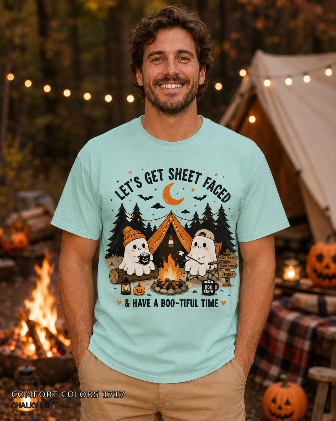 Let's Get Sheet Faced ghost camping T-shirt on centered male model — Comfort Colors 1717 Chalky Mint