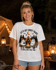 Let's Get Sheet Faced ghost camping T-shirt on centered female model — Comfort Colors 1717 White