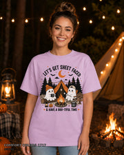 Let's Get Sheet Faced ghost camping T-shirt on centered female model — Comfort Colors 1717 Orchid