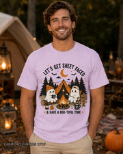 Let's Get Sheet Faced ghost camping T-shirt on centered male model — Comfort Colors 1717 Orchid