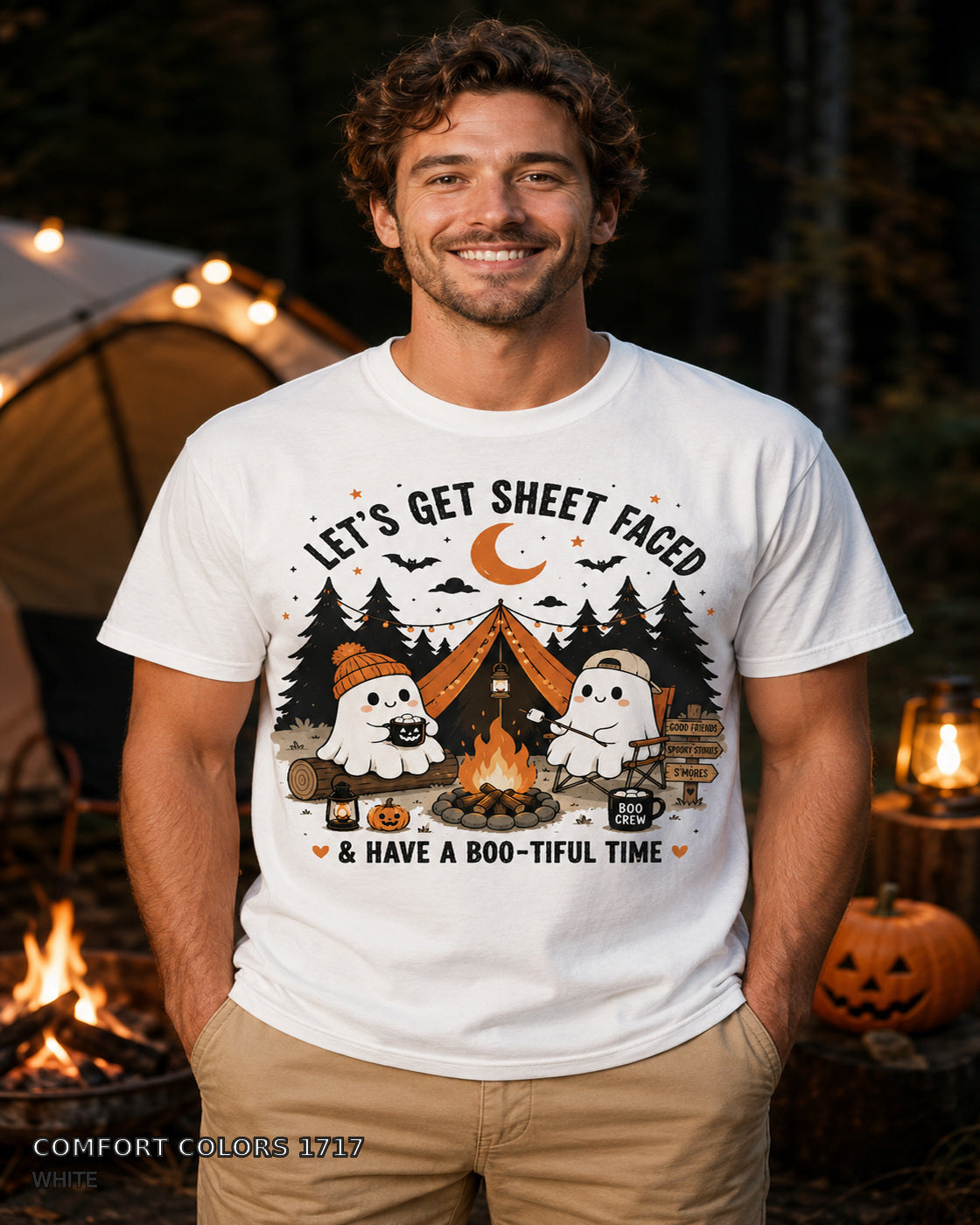 Let's Get Sheet Faced ghost camping T-shirt on centered male model — Comfort Colors 1717 White
