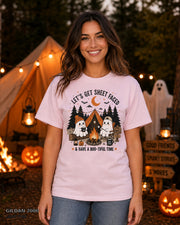 Let's Get Sheet Faced ghost camping T-shirt on centered female model — Gildan 2000 Light Pink