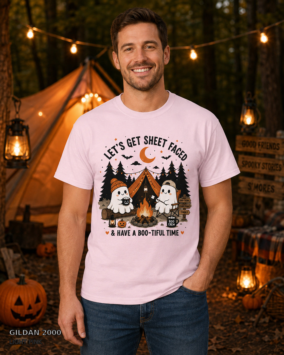 Let's Get Sheet Faced ghost camping T-shirt on centered male model — Gildan 2000 Light Pink