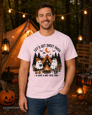 Let's Get Sheet Faced ghost camping T-shirt on centered male model — Gildan 2000 Light Pink